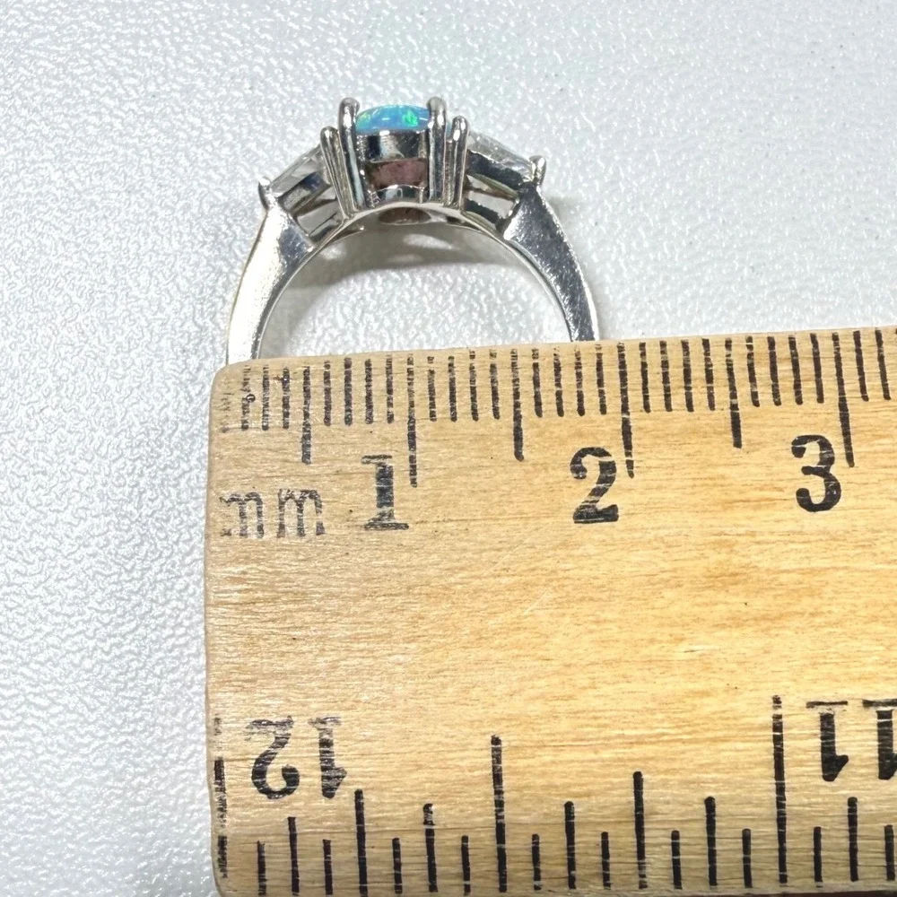 AVON Sterling Silver 925 Blue Lab Opal CZ Three Stone Ring Size 5 Vintage 1990s